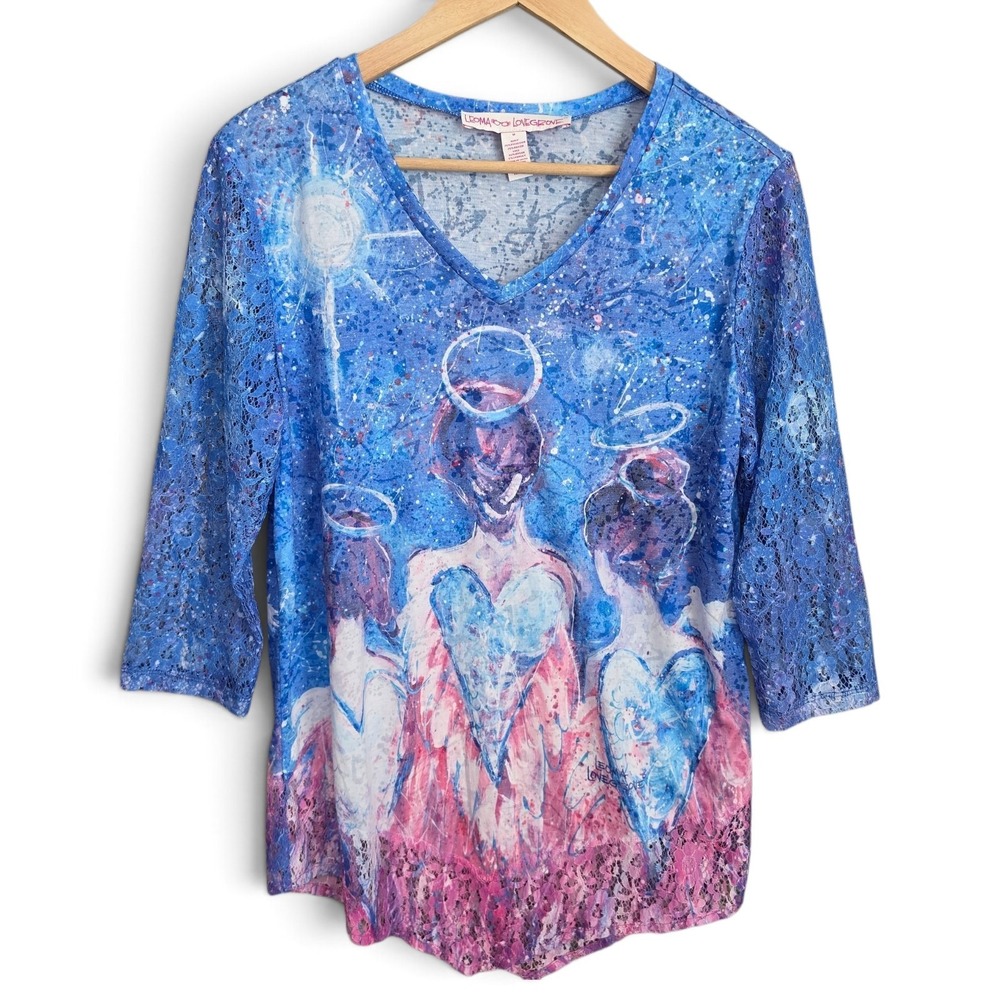 Leoma Lovegrove Top Medium M Blue Art to Wear Angel Lace Sleeve V Neck Shirt
